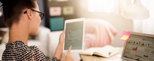 Woman using financial tools on her computer.